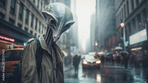 Spooky creepy green alien in human clothes on a city street. The invader spy stranger among us. photo