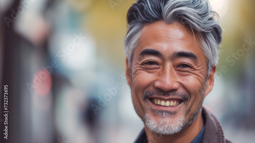 Portrait close up shot of middle aged asian male with short hair smiling in front of grey background. Portrait of a Middle Aged Asian Man Headshot.