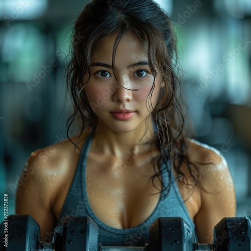 Asian Woman Holding a Barbell With Large Breasts. Generative AI.