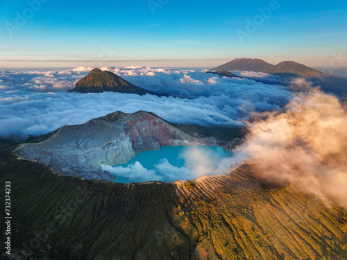 Aerial view of mount Kawah Ijen volcano crater at sunrise, East Java, Indonesia