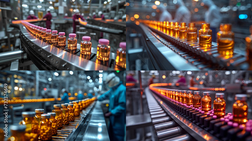 Illustration of medical vials on the production line of a pharmaceutical factory, the vials are filled with liquid medicine, workers watch the process in the background. Conveyor belt, sterile environ