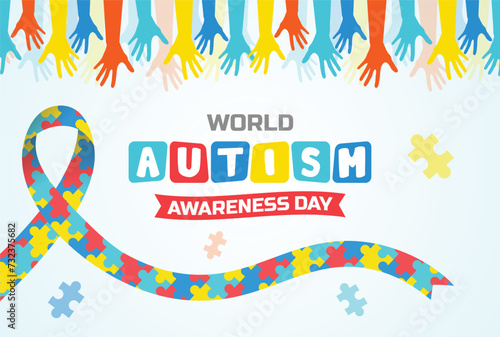The world autism awareness day banner with colorful hands and a ribbon made puzzle pieces