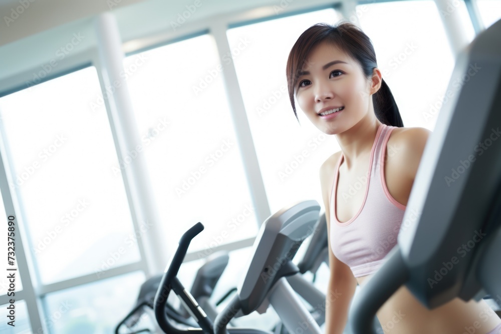 Woman Running on Treadmill at the Gym. Generative AI. Woman Running on Treadmill at the Gym. Generative AI.