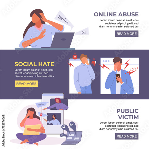 online abuse banners. web internet social networks cyber bullying, harassment depressed unhappy network cyberbulled characters concept, online haters. vector cartoon charcters horizontal banners.