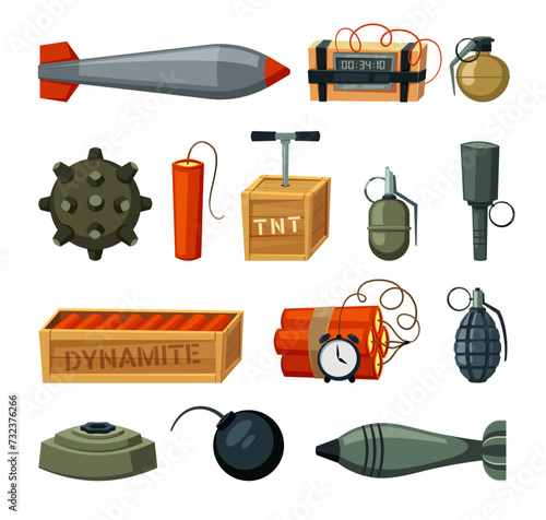 explosive weapons set. nuclear Dynamite and bomb Explosion, TNT Bomb, Grenade, mine, cartoon minimalistic items collection. vector cartoon set of isolated objects.