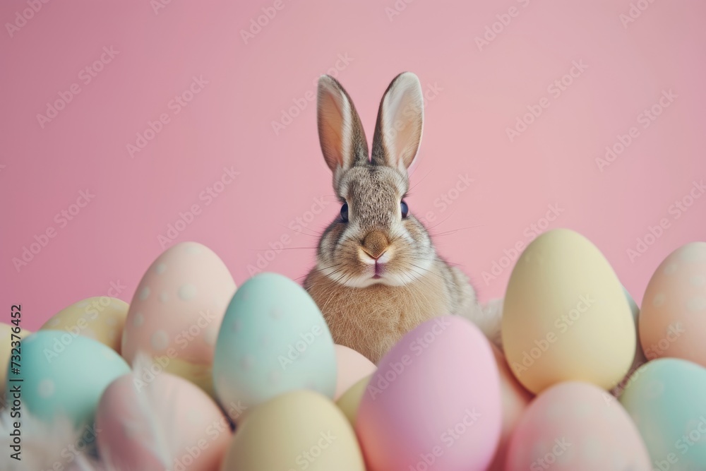 Happy Easter Eggs Basket cyan. Bunny in flower easter hydrangeas decoration Garden. Cute hare 3d chuckle easter rabbit spring illustration. Holy week Rose Petal card wallpaper flowering