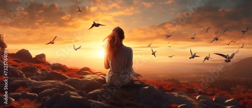 Woman praying silhouetted against sunset sky, embracing hope with free bird in nature photo