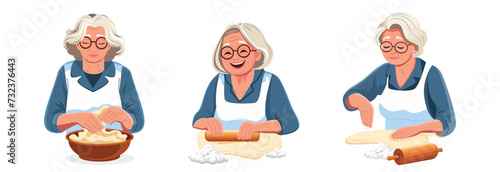 Three elderly women prepare rolled out flour dough for baking. Grandmother, a kitchen worker, prepares a product for sale. Concept of cooking at work or at home. Production of flour products. Kit.