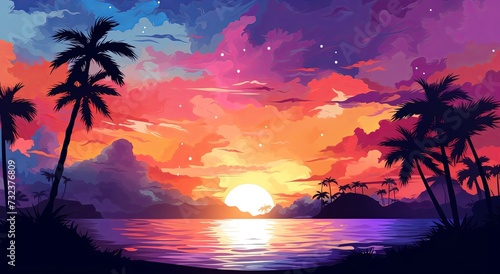 an abstract colored tropical sky and sunset watercolor background