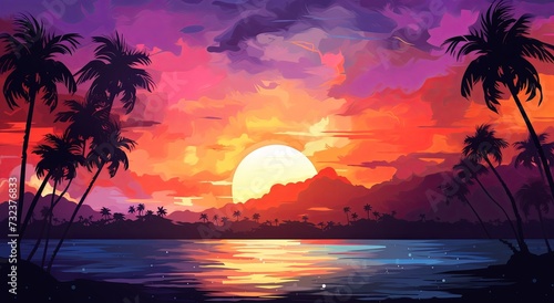 an abstract colored tropical sky and sunset watercolor background