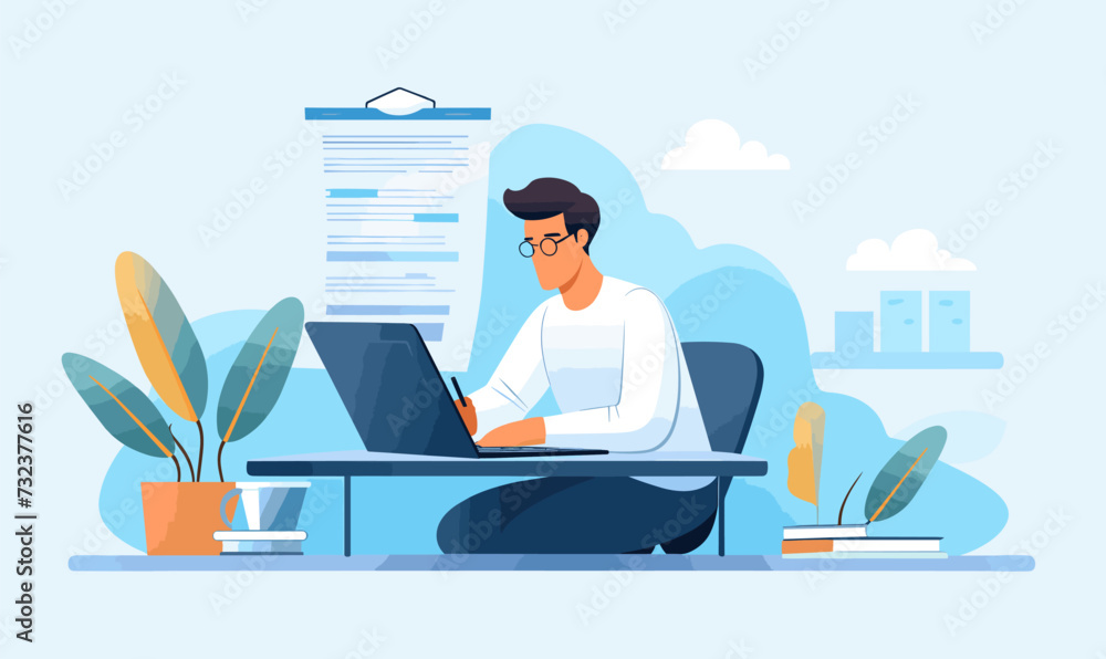 © Sanych - A worker is working at a laptop. Vector illustration