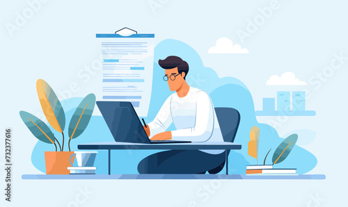 A worker is working at a laptop. Vector illustration