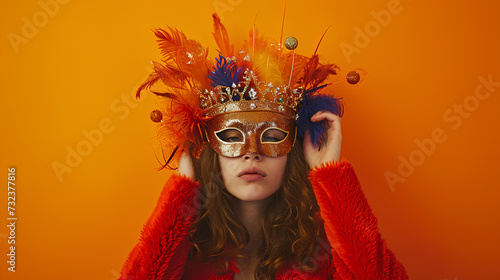  A girl in incognito mode at a Winter New Year party, wearing a mask and crown against an orange background © mizan