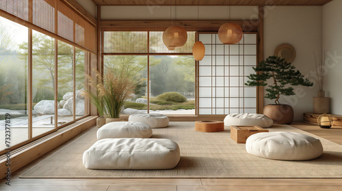 A living room in a building with numerous windows and floor cushions for seating, creating a cozy interior design with a connection to the outdoors.