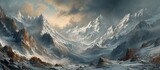An art depicting a natural landscape of a snowy mountain range with a cloudy sky, showcasing the geological phenomenon of cumulus clouds and the horizon.