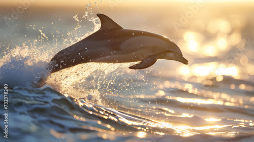 A dolphin soars through the air above the waves