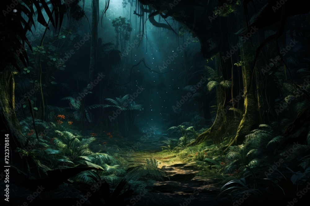 Teeming Night forest jungle dark. Tropical tree. Generate Ai