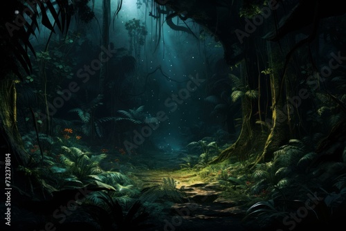 Teeming Night forest jungle dark. Tropical tree. Generate Ai © juliars
