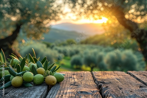 still life with green olives on a table in an olive grove photo