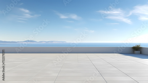 Empty concrete floor, 3D rendering sea view square with clear sky background © jiejie