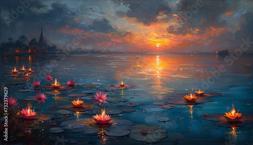 Floating Lily Pads: A Serene Sunset Experience Generative AI photo