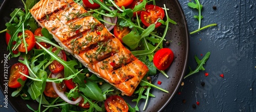 A delicious dish featuring salmon and vegetables, garnished with fines herbes, served on a table with elegant tableware.