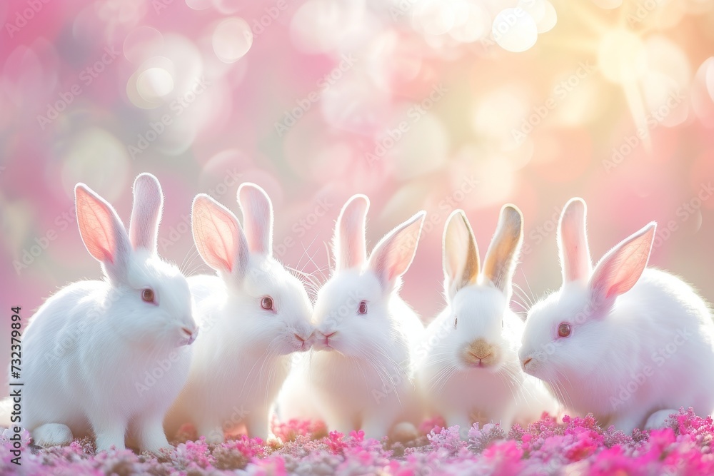 Happy Easter Eggs Basket grateful. Bunny in flower easter cad decoration Garden. Cute hare 3d Display space easter rabbit spring illustration. Holy week Grass card wallpaper garden gate