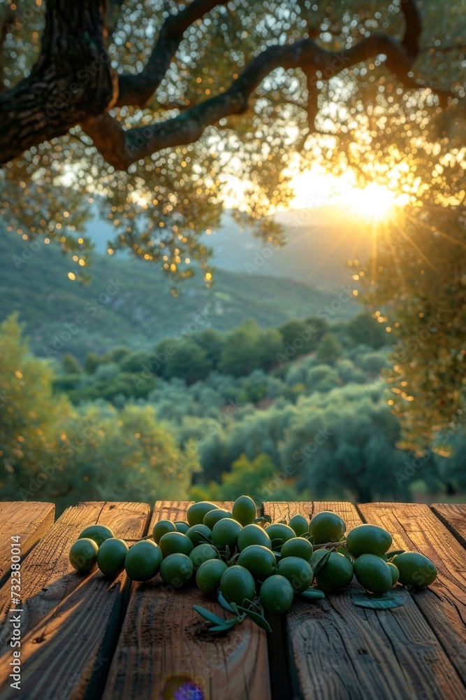 still life with green olives on a table in an olive grove