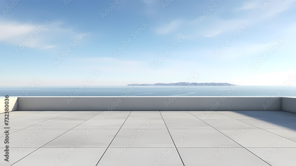 Empty concrete floor, 3D rendering sea view square with clear sky background