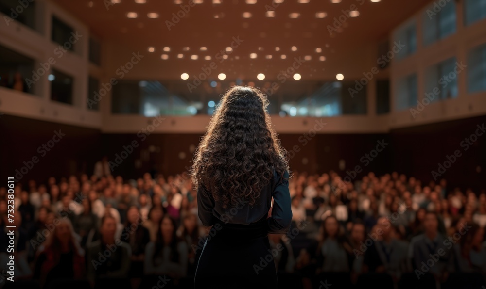 Backview of female brunette long curly hair motivational speaker in front of her conference meeting audience in big hall - obrazy, fototapety, plakaty 