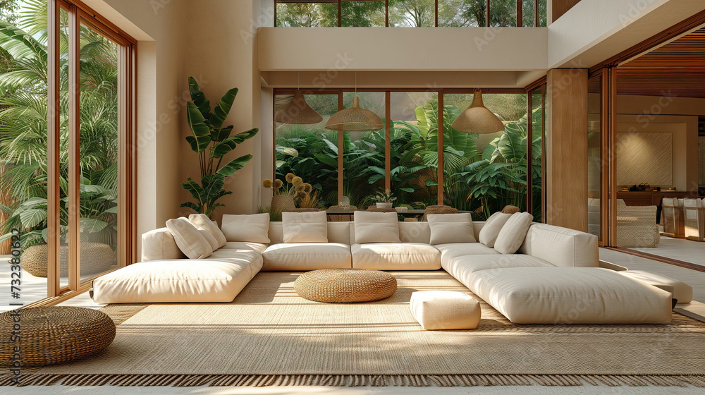 A living room with hardwood flooring, a large sectional couch, plenty of windows, and a plant in a wood fixture. A living room with hardwood flooring, a large sectional couch, plenty of windows, and a plant in a wood fixture.