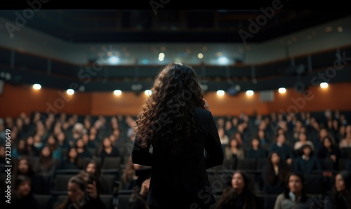 Backview of female brunette long curly hair motivational speaker in front of her conference meeting audience photo