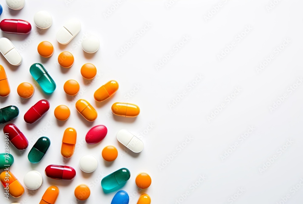 Assorted Pharmaceutical Pills and Capsules on a  White Background