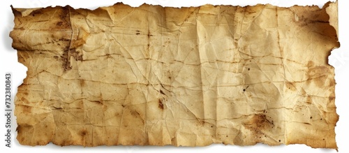 An ancient artifact, a brown rectangular piece of old paper, lies on a white surface amidst a beige wooden trunk, grass, trees, and a window. photo