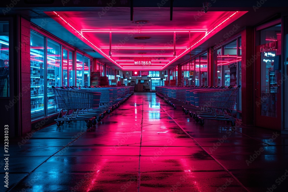 Pink Neon Lights Illuminate Empty Shopping Carts in a Supermarket Generative AI