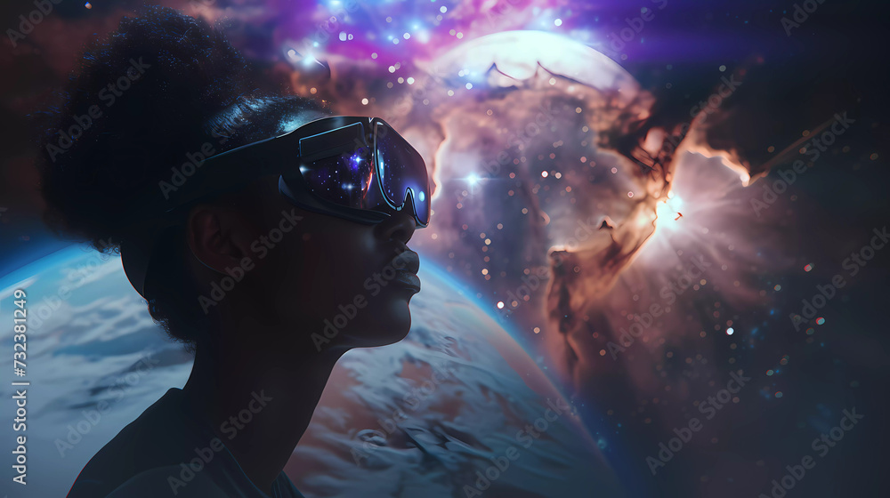 Black women wearing vr glasses exploring in virtual reality with universe background. Black women wearing vr glasses exploring in virtual reality with universe background.