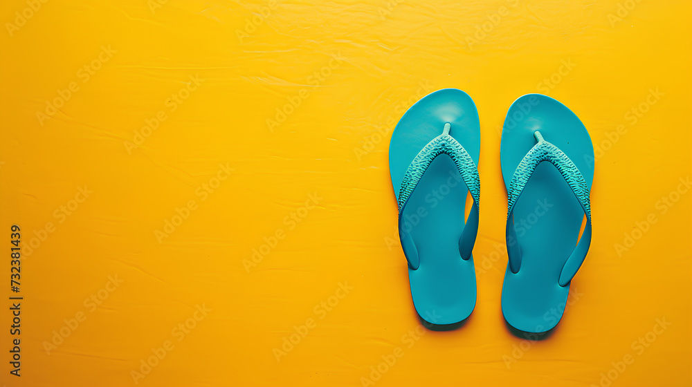 Blue flip-flops on a yellow background - obrazy, fototapety, plakaty 