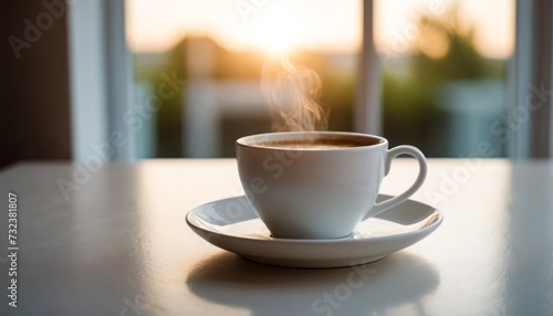 Morning Coffee: A white cup filled with steaming coffee rests on a clean white table, casting a subtle shadow. creating a serene morning scene.