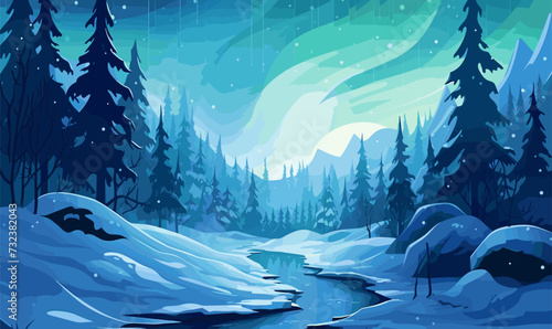winter forest with river vector illustration