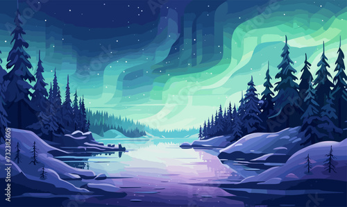 winter forest with river vector illustration