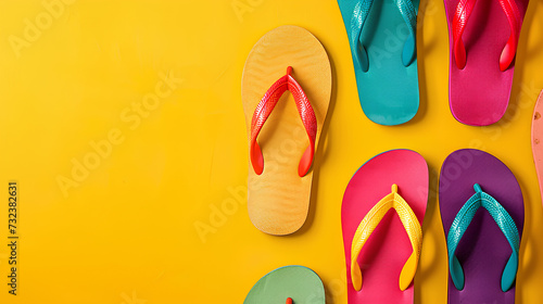 Colorful and stylish flip-flops meticulously arranged on a vibrant yellow background