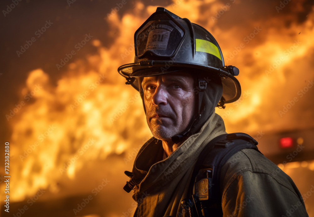 Portrait of firefighter with fire background