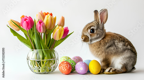  A cute bunny with a colorful vase of tulips and Easter eggs isolated on a white background © mizan