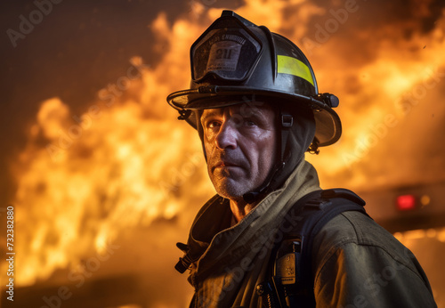Portrait of firefighter with fire background © Edgar Martirosyan