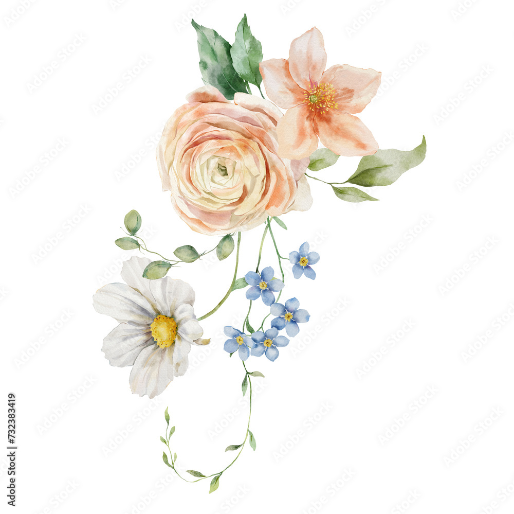 Watercolor bouquet of ranunculus, chamomile and leaves. Hand painted card of floral elements isolated on white background. Holiday flowers Illustration for design, print, fabric, background.