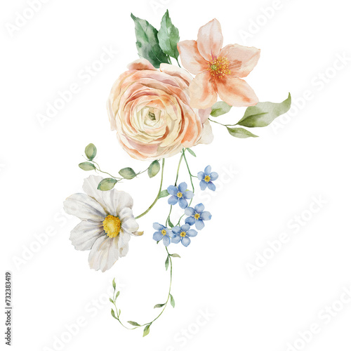 Watercolor bouquet of ranunculus, chamomile and leaves. Hand painted card of floral elements isolated on white background. Holiday flowers Illustration for design, print, fabric, background. © yuliya_derbisheva