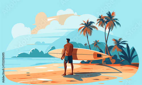 a man with a surfboard goes to the water vector illustration