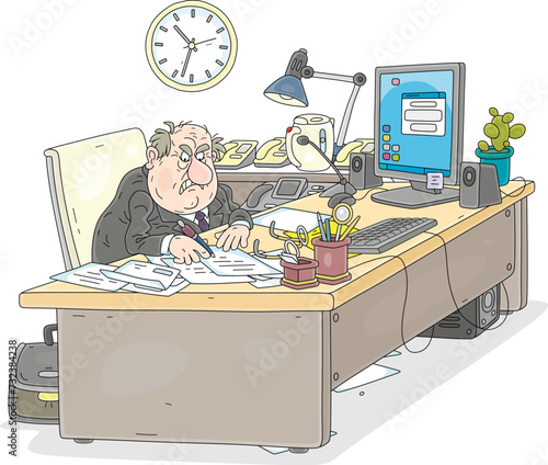 Angry government official sitting at his desk and working with very important documents in his office with a computer, special telephones and many other things, vector cartoon illustration on white