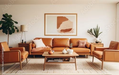 Cool interior design. Mid-century modern living room with tan leather sofa, geometric rug and vintage art prints. Indoor plants. AI Generative. © your_inspiration