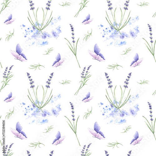 Seamless pattern with frames of purple lavender flowers, bow and butterfly. Watercolor hand drawn illustration background with floral plants stylized. Template for fabric, wallpaper, textile, tiled.